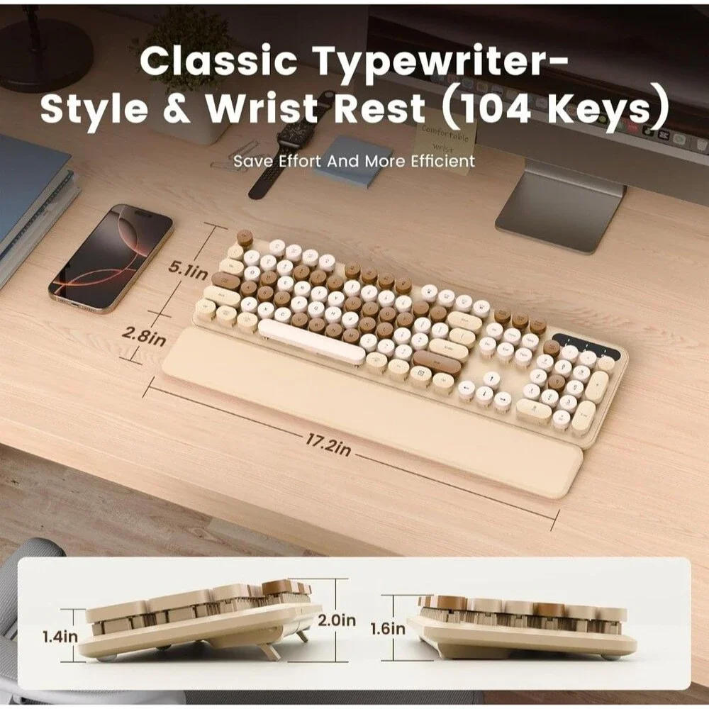 Wireless Keyboard Latte Round Keycaps, Retro Typewriter Detachable Wrist Rest